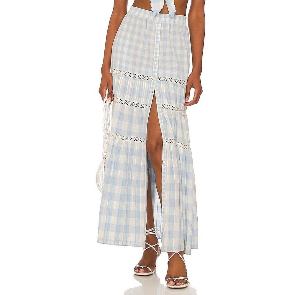 LoveShackFancy Bellarose Gingham Cotton Maxi Skirt Blue White Lace Trim L